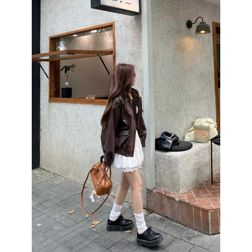 棕色pu皮衣外套女高級感2025秋季新款小個子復古機車夾克服長袖 棕色pu皮衣外套女高級感2025秋季新款小個子復古機車夾克服長袖