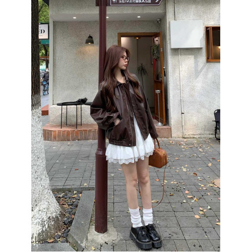 棕色pu皮衣外套女高級感2025秋季新款小個子復古機車夾克服長袖 棕色pu皮衣外套女高級感2025秋季新款小個子復古機車夾克服長袖