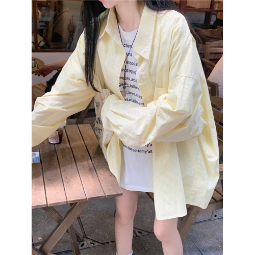 韓系藍色條紋襯衫女冬季設計感寬鬆長袖防曬中長款外套慵嬾風上衣