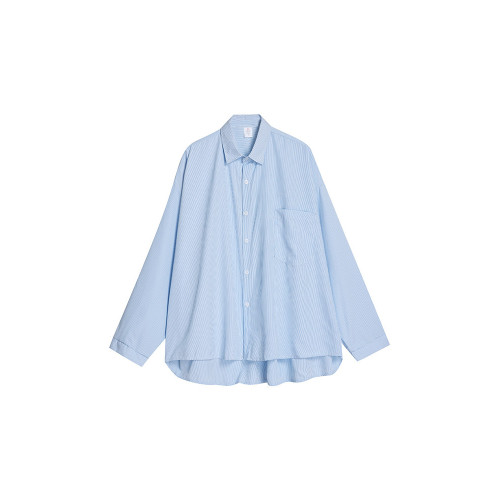 韓系藍色條紋襯衫女冬季設計感寬鬆長袖防曬中長款外套慵嬾風上衣