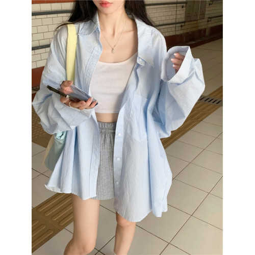 韓系藍色條紋襯衫女冬季設計感寬鬆長袖防曬中長款外套慵嬾風上衣