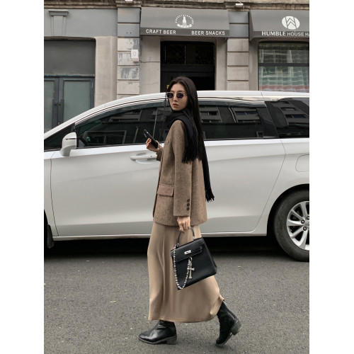 MULVAN【7折】復古棕色羊毛呢子西裝外套女秋冬人字紋西服