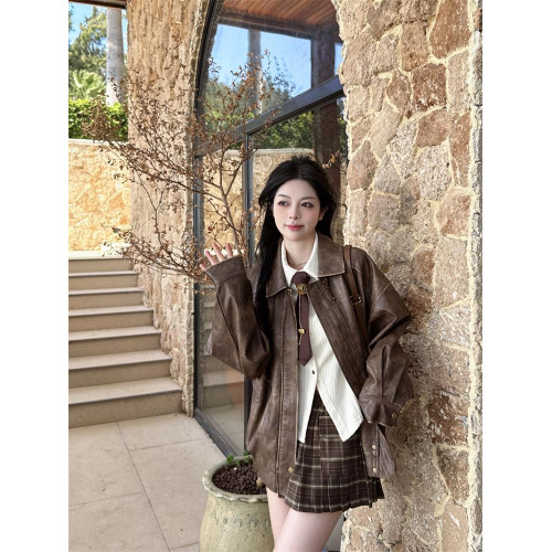 棕色皮衣女外套春秋季2025新款pu皮夾克美式復古酷颯風鍾楚曦同款 棕色皮衣女外套春秋季2025新款pu皮夾克美式復古酷颯風鍾楚曦同款