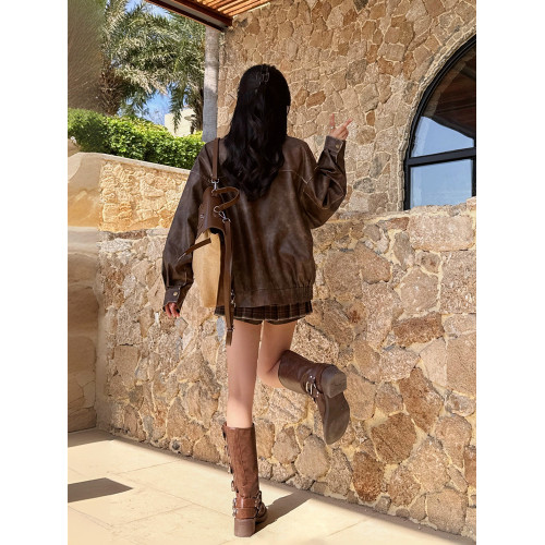 棕色皮衣女外套春秋季2025新款pu皮夾克美式復古酷颯風鍾楚曦同款 棕色皮衣女外套春秋季2025新款pu皮夾克美式復古酷颯風鍾楚曦同款