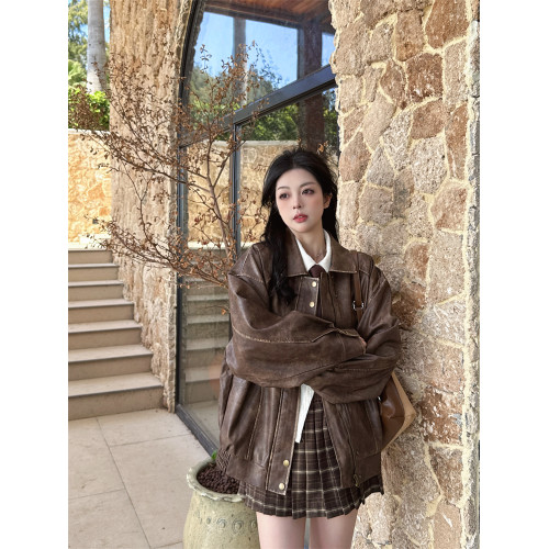 棕色皮衣女外套春秋季2025新款pu皮夾克美式復古酷颯風鍾楚曦同款 棕色皮衣女外套春秋季2025新款pu皮夾克美式復古酷颯風鍾楚曦同款