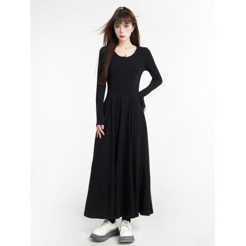 黑色連衣裙女垂墜感長裙針織裙子打底氣質大擺裙內搭連身裙小黑裙 黑色連衣裙女垂墜感長裙針織裙子打底氣質大擺裙內搭連身裙小黑裙