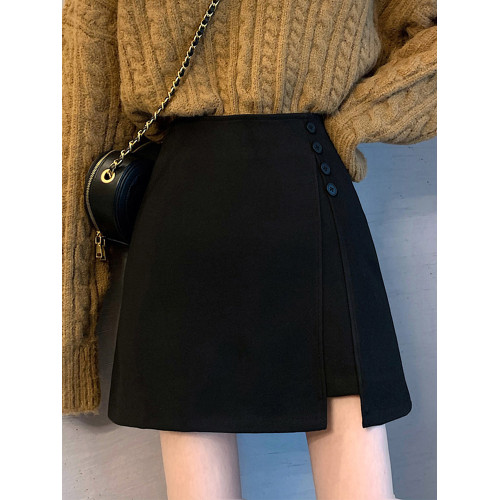 梨形身材大碼胖mm黑色毛呢半身裙女高腰a字開叉短裙顯瘦包臀裙秋 梨形身材大碼胖mm黑色毛呢半身裙女高腰a字開叉短裙顯瘦包臀裙秋