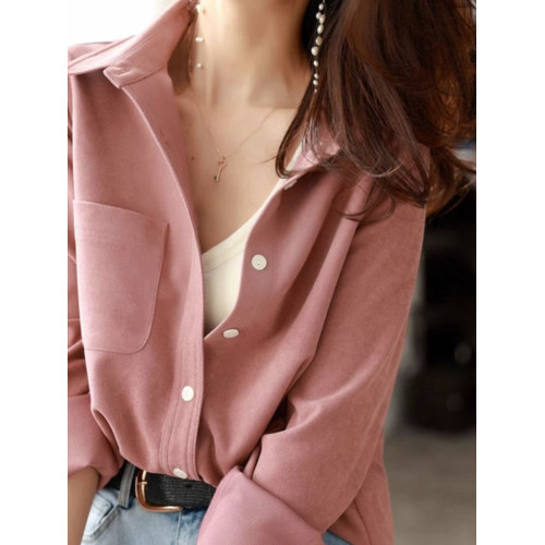 粉色韓版磨毛襯衫女早秋2025年新款法式上衣內搭曡穿打底襯衣外套