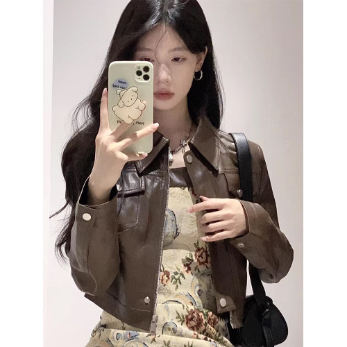 棕色短款pu皮衣外套女夾克2025新款港風爆款美拉德穿搭機車小個子 棕色短款pu皮衣外套女夾克2025新款港風爆款美拉德穿搭機車小個子