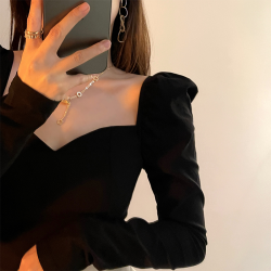 鎖骨方領打底衫女秋冬季長袖高級感西裝內搭洋氣加絨加厚法式上衣