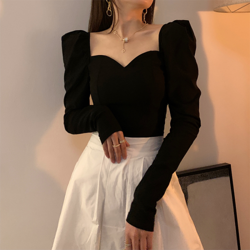 鎖骨方領打底衫女秋冬季長袖高級感西裝內搭洋氣加絨加厚法式上衣