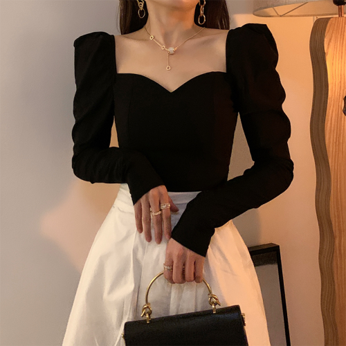 鎖骨方領打底衫女秋冬季長袖高級感西裝內搭洋氣加絨加厚法式上衣