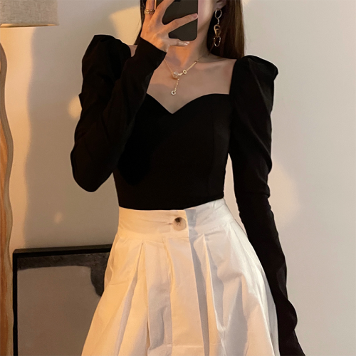 鎖骨方領打底衫女秋冬季長袖高級感西裝內搭洋氣加絨加厚法式上衣