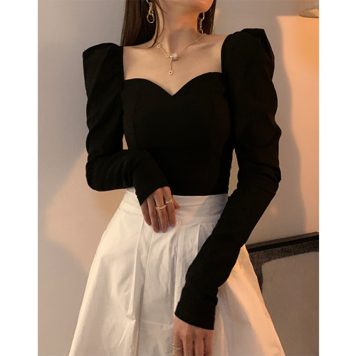 鎖骨方領打底衫女秋冬季長袖高級感西裝內搭洋氣加絨加厚法式上衣