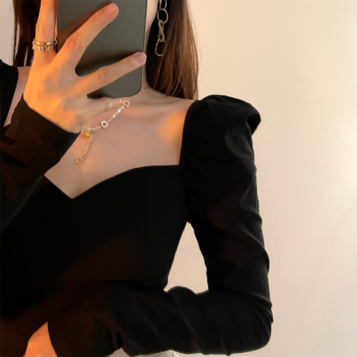 鎖骨方領打底衫女秋冬季長袖高級感西裝內搭洋氣加絨加厚法式上衣