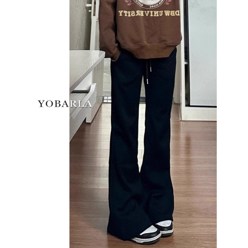 黑色微喇休閒褲女秋冬加絨加厚彈力大碼胖mm梨形身材顯瘦運動衛褲 黑色微喇休閒褲女秋冬加絨加厚彈力大碼胖mm梨形身材顯瘦運動衛褲