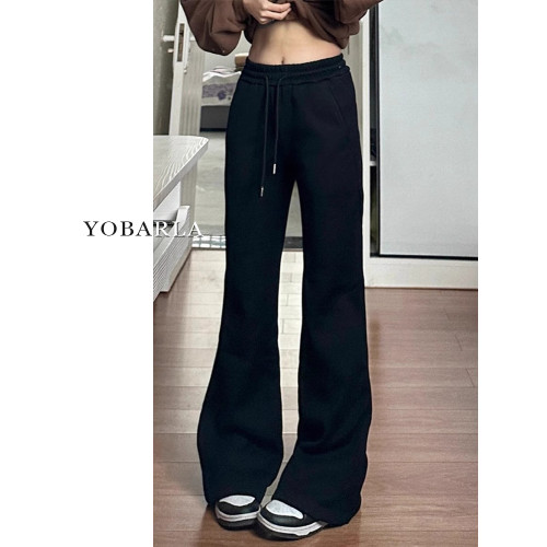 黑色微喇休閒褲女秋冬加絨加厚彈力大碼胖mm梨形身材顯瘦運動衛褲 黑色微喇休閒褲女秋冬加絨加厚彈力大碼胖mm梨形身材顯瘦運動衛褲