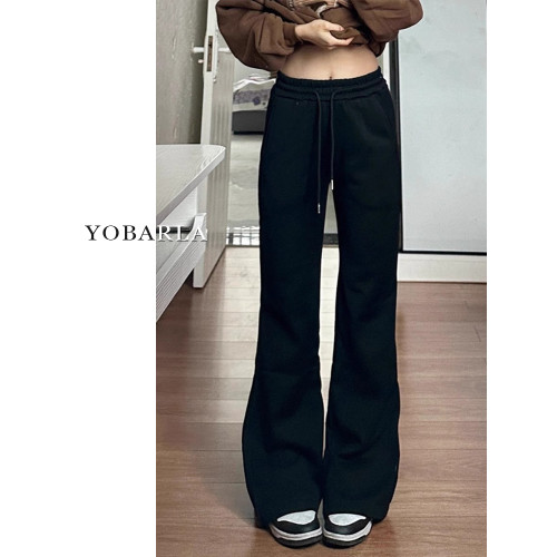 黑色微喇休閒褲女秋冬加絨加厚彈力大碼胖mm梨形身材顯瘦運動衛褲 黑色微喇休閒褲女秋冬加絨加厚彈力大碼胖mm梨形身材顯瘦運動衛褲