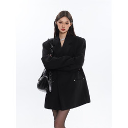 陳不哭  高級設計感墊肩休閒西服金屬韓版春秋黑色寬松西裝外套女