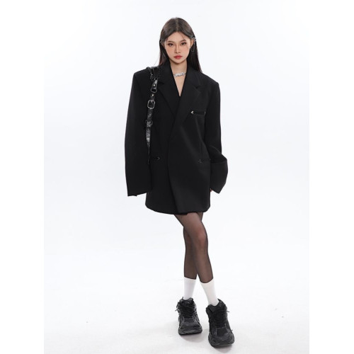 陳不哭 高級設計感墊肩休閒西服金屬韓版春秋黑色寬松西裝外套女 陳不哭 高級設計感墊肩休閒西服金屬韓版春秋黑色寬松西裝外套女