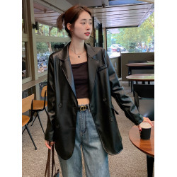 黑色PU皮西裝皮衣外套女2025年春秋新款設計感小個子復古寬松港風