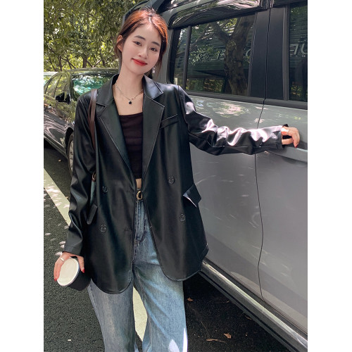 黑色PU皮西裝皮衣外套女2025年春秋新款設計感小個子復古寬松港風 黑色PU皮西裝皮衣外套女2025年春秋新款設計感小個子復古寬松港風