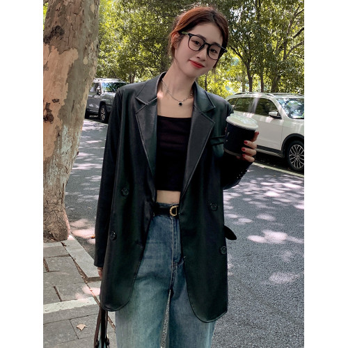 黑色PU皮西裝皮衣外套女2025年春秋新款設計感小個子復古寬松港風 黑色PU皮西裝皮衣外套女2025年春秋新款設計感小個子復古寬松港風