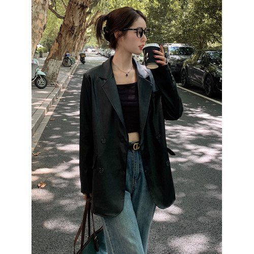 黑色PU皮西裝皮衣外套女2025年春秋新款設計感小個子復古寬松港風 黑色PU皮西裝皮衣外套女2025年春秋新款設計感小個子復古寬松港風