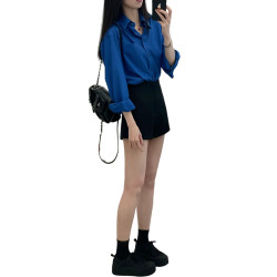 2025初秋新款克萊因藍色襯衫外套女秋冬內搭襯衣法式氣質寬松上衣