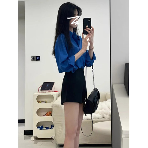 2025初秋新款克萊因藍色襯衫外套女秋冬內搭襯衣法式氣質寬松上衣