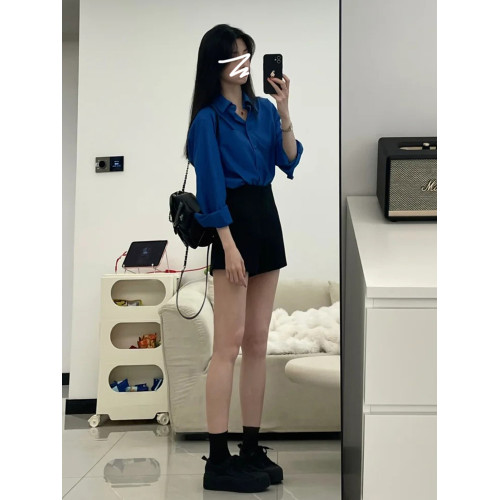 2025初秋新款克萊因藍色襯衫外套女秋冬內搭襯衣法式氣質寬松上衣