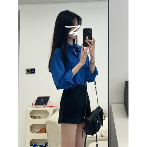 2025初秋新款克萊因藍色襯衫外套女秋冬內搭襯衣法式氣質寬松上衣