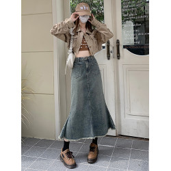 美式復古魚尾裙202秋冬新款牛仔裙女毛邊高腰顯瘦A字包臀半身裙