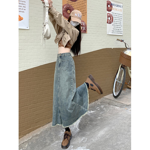 美式復古魚尾裙202秋冬新款牛仔裙女毛邊高腰顯瘦A字包臀半身裙