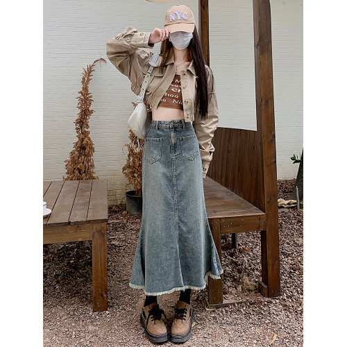 美式復古魚尾裙202秋冬新款牛仔裙女毛邊高腰顯瘦A字包臀半身裙