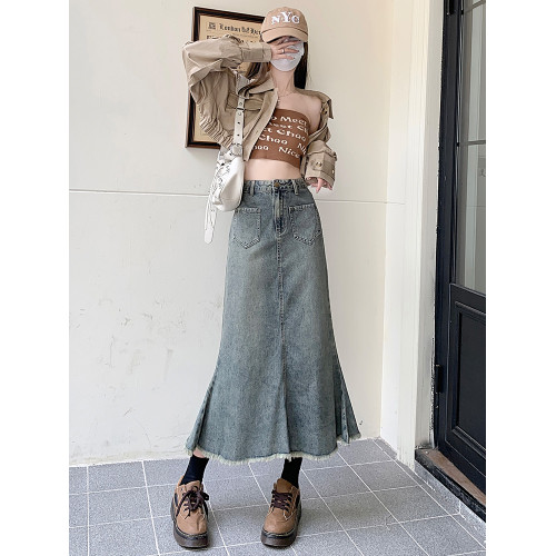 美式復古魚尾裙202秋冬新款牛仔裙女毛邊高腰顯瘦A字包臀半身裙