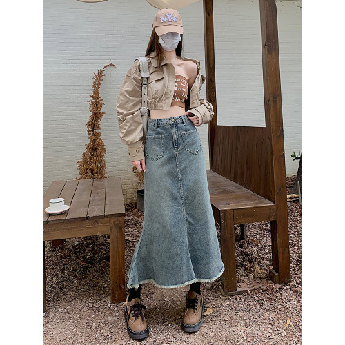 美式復古魚尾裙202秋冬新款牛仔裙女毛邊高腰顯瘦A字包臀半身裙