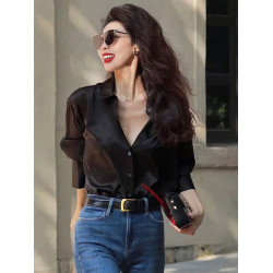 2025早秋新款黑色襯衫設計感高級時尚洋氣緞面襯衣女小個子高品質