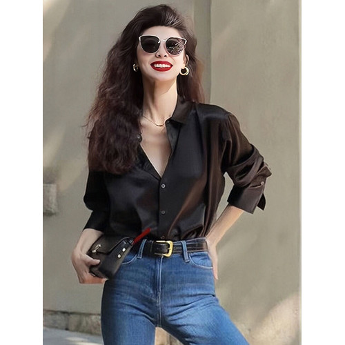 2025早秋新款黑色襯衫設計感高級時尚洋氣緞面襯衣女小個子高品質
