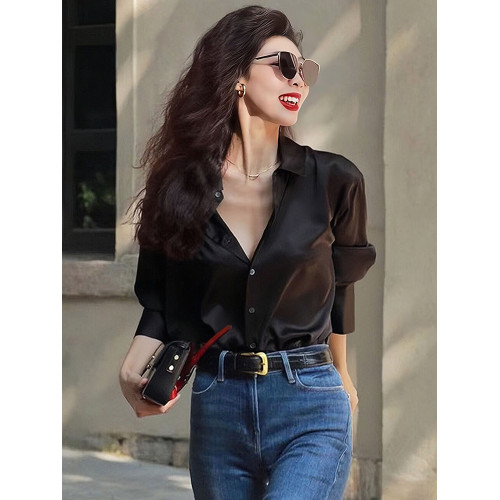 2025早秋新款黑色襯衫設計感高級時尚洋氣緞面襯衣女小個子高品質