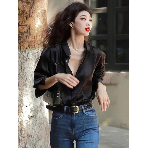 2025早秋新款黑色襯衫設計感高級時尚洋氣緞面襯衣女小個子高品質