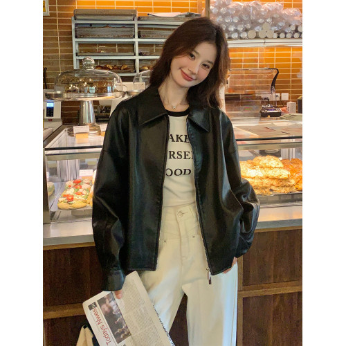 黑色高級感皮衣外套女2025春秋新款韓系復古小個子酷颯風PU皮夾克 黑色高級感皮衣外套女2025春秋新款韓系復古小個子酷颯風PU皮夾克