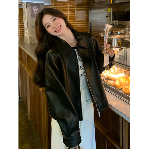 黑色高級感皮衣外套女2025春秋新款韓系復古小個子酷颯風PU皮夾克 黑色高級感皮衣外套女2025春秋新款韓系復古小個子酷颯風PU皮夾克