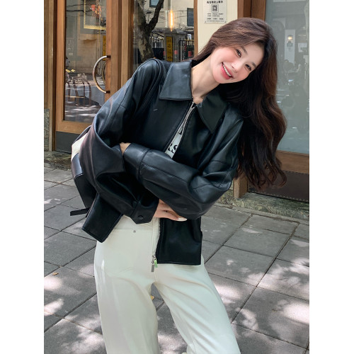 黑色高級感皮衣外套女2025春秋新款韓系復古小個子酷颯風PU皮夾克 黑色高級感皮衣外套女2025春秋新款韓系復古小個子酷颯風PU皮夾克