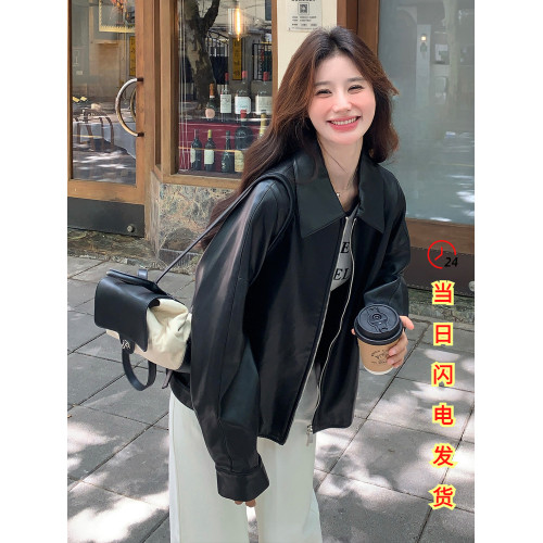 黑色高級感皮衣外套女2025春秋新款韓系復古小個子酷颯風PU皮夾克 黑色高級感皮衣外套女2025春秋新款韓系復古小個子酷颯風PU皮夾克