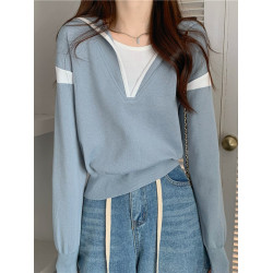 假兩件南瓜橘色長袖上衣女春秋義烏打底內搭歐貨衛衣T恤配工裝褲