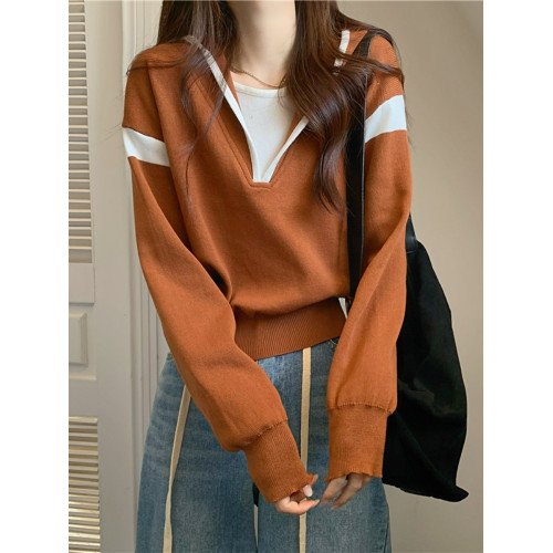 假兩件南瓜橘色長袖上衣女春秋義烏打底內搭歐貨衛衣T恤配工裝褲 假兩件南瓜橘色長袖上衣女春秋義烏打底內搭歐貨衛衣T恤配工裝褲