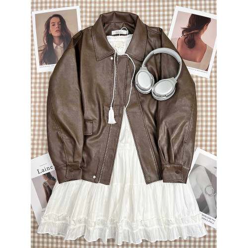 棕色皮衣外套女2025春秋新款小個子港風復古機車皮夾克美拉德穿搭 棕色皮衣外套女2025春秋新款小個子港風復古機車皮夾克美拉德穿搭