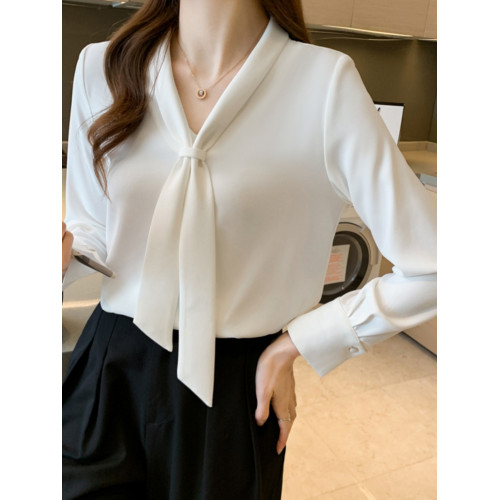 職業襯衫女秋季2025年新款寬松顯瘦百搭v領工作服長袖洋氣上衣潮