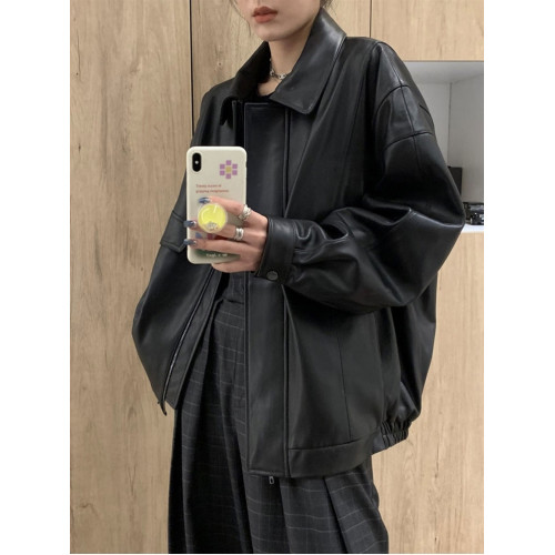 秋冬加絨港風復古休閒寬松廓形酷帥潮黑色拉鍊機車皮衣夾克外套女 秋冬加絨港風復古休閒寬松廓形酷帥潮黑色拉鍊機車皮衣夾克外套女